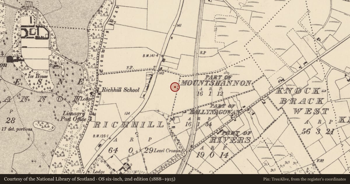 Ordnance Survey six-inch map, 2nd edition (1888–1915) covering the location of Fulacht fia, Rich Hill, County Limerick, with a pin at the register's coordinates