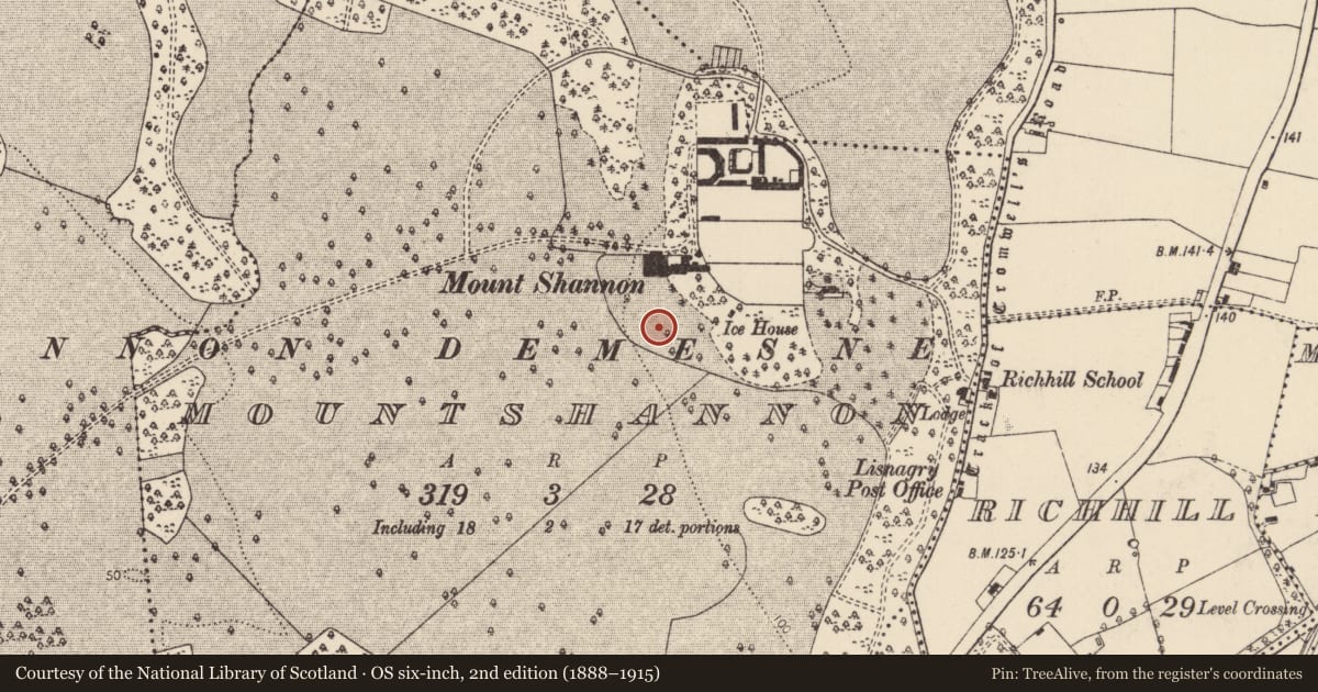 Ordnance Survey six-inch map, 2nd edition (1888–1915) covering the location of Enclosure, Mountshannon, County Limerick, with a pin at the register's coordinates
