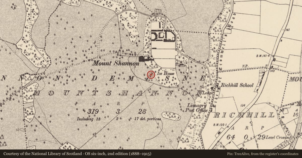 Ordnance Survey six-inch map, 2nd edition (1888–1915) covering the location of Enclosure, Mountshannon, County Limerick, with a pin at the register's coordinates
