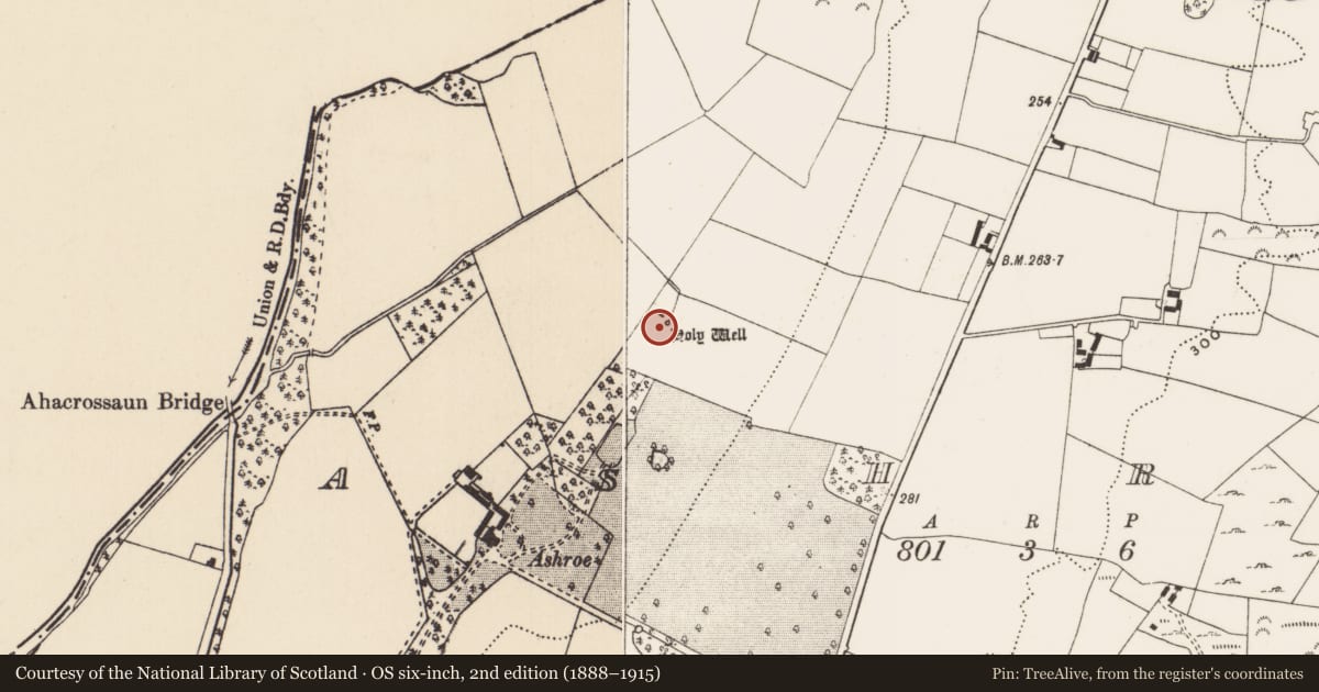 Ordnance Survey six-inch map, 2nd edition (1888–1915) covering the location of Ritual site - holy well, Ashroe, County Limerick, with a pin at the register's coordinates