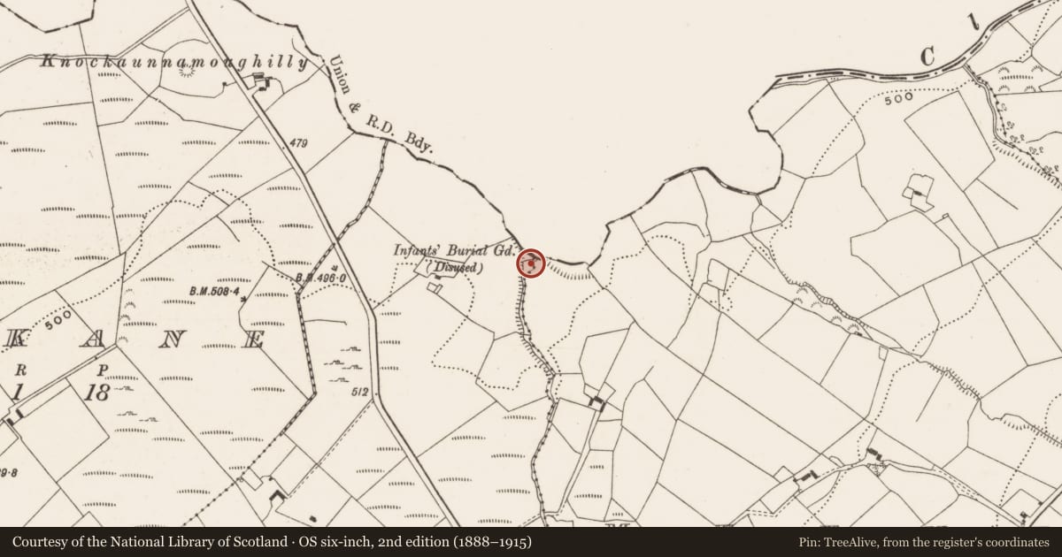 Ordnance Survey six-inch map, 2nd edition (1888–1915) covering the location of Children's burial ground, Garranbane, County Limerick, with a pin at the register's coordinates