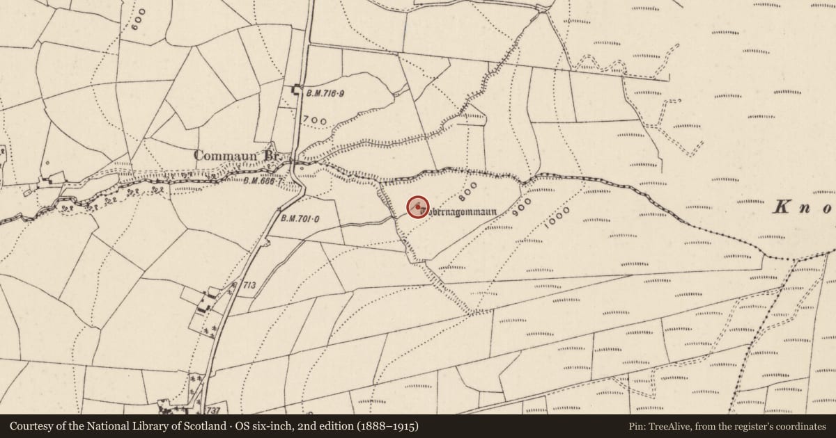 Ordnance Survey six-inch map, 2nd edition (1888–1915) covering the location of Ritual site - holy well, Curraghakimikeen, County Limerick, with a pin at the register's coordinates