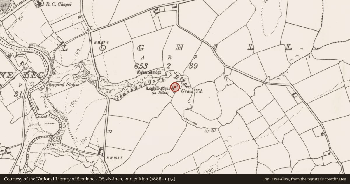 Ordnance Survey six-inch map, 2nd edition (1888–1915) covering the location of Graveyard, Loghill, County Limerick, with a pin at the register's coordinates