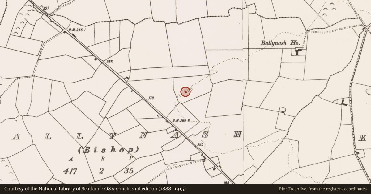 Ordnance Survey six-inch map, 2nd edition (1888–1915) covering the location of Enclosure, Ballynash (Bishop), County Limerick, with a pin at the register's coordinates