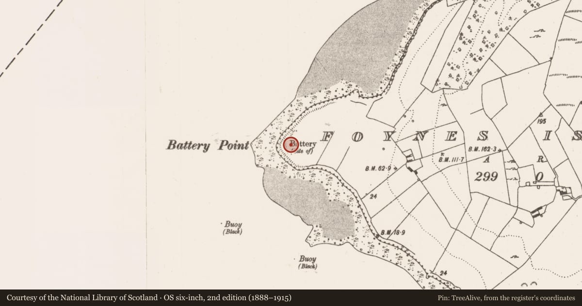 Ordnance Survey six-inch map, 2nd edition (1888–1915) covering the location of Battery, Foynes Island, County Limerick, with a pin at the register's coordinates