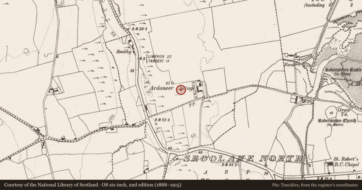 Ordnance Survey six-inch map, 2nd edition (1888–1915) covering the location of Ringfort - rath, Ardaneer, County Limerick, with a pin at the register's coordinates