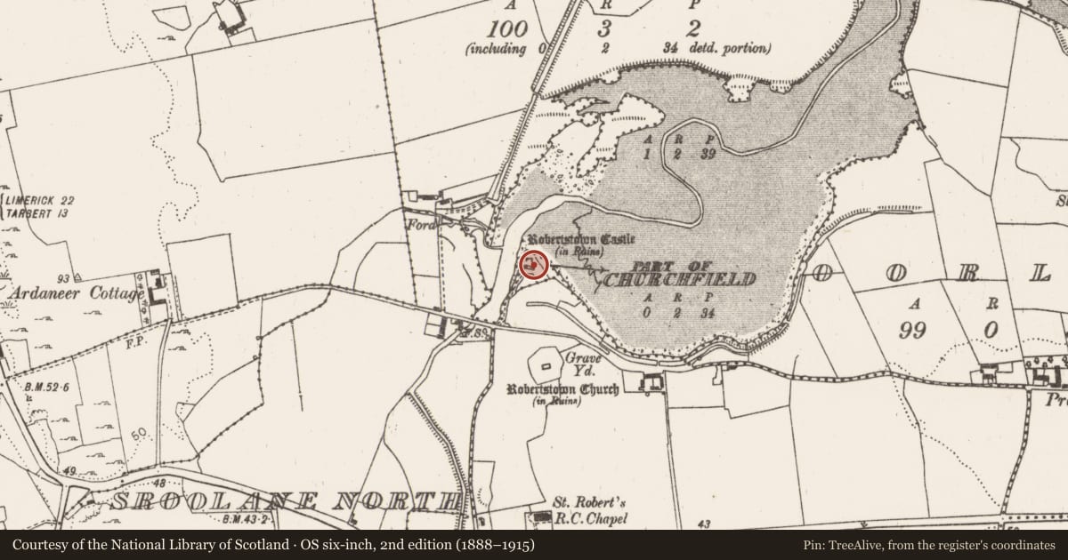 Ordnance Survey six-inch map, 2nd edition (1888–1915) covering the location of Castle - tower house, Churchfield, County Limerick, with a pin at the register's coordinates