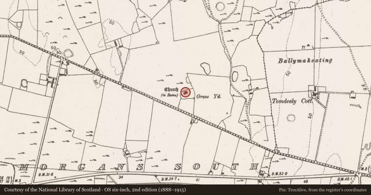 Ordnance Survey six-inch map, 2nd edition (1888–1915) covering the location of Church, Morgans North, County Limerick, with a pin at the register's coordinates