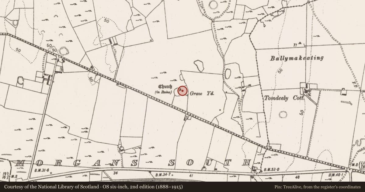 Ordnance Survey six-inch map, 2nd edition (1888–1915) covering the location of Graveyard, Morgans North, County Limerick, with a pin at the register's coordinates
