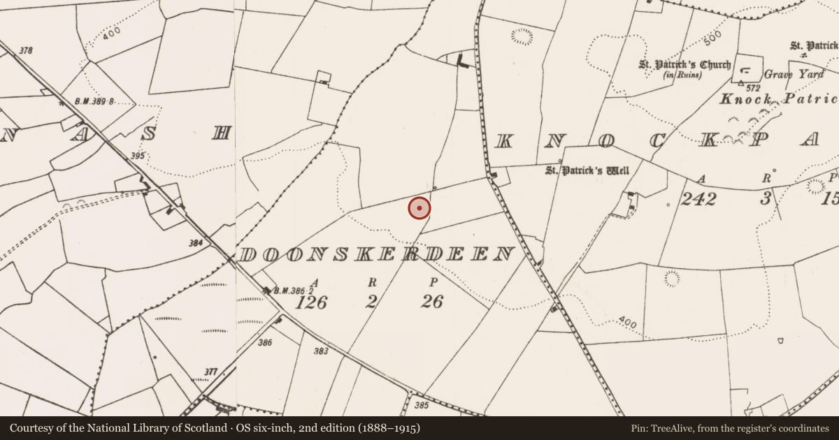 Ordnance Survey six-inch map, 2nd edition (1888–1915) covering the location of Mound, Doonskerdeen, County Limerick, with a pin at the register's coordinates