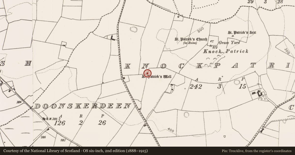 Ordnance Survey six-inch map, 2nd edition (1888–1915) covering the location of Ritual site - holy well, Knockpatrick, County Limerick, with a pin at the register's coordinates