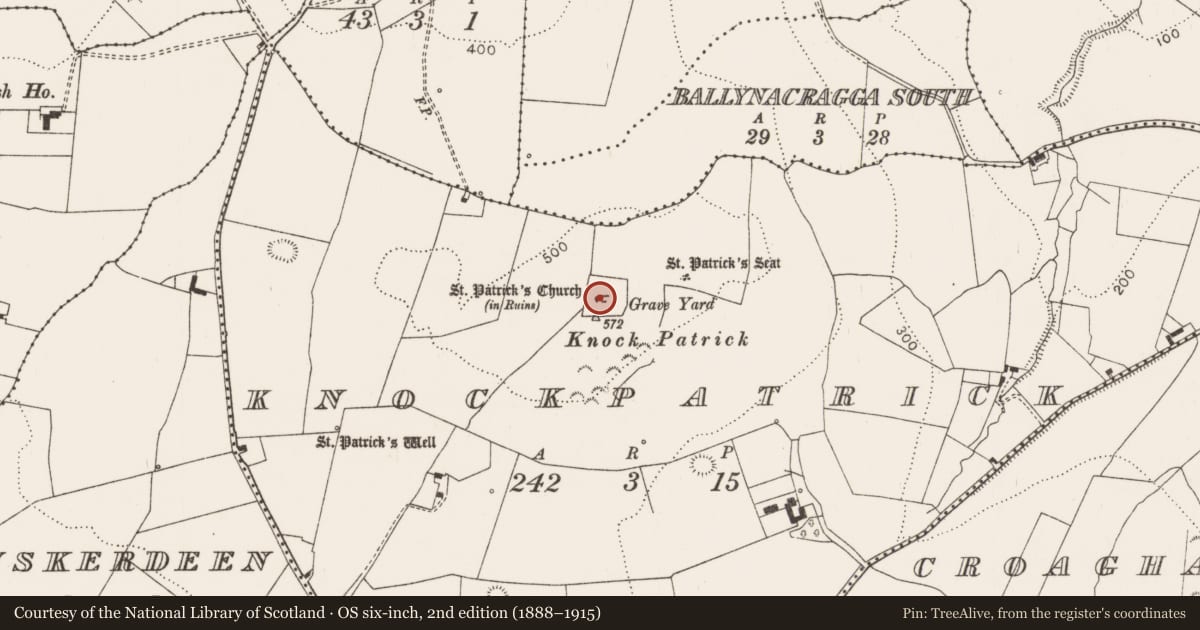 Ordnance Survey six-inch map, 2nd edition (1888–1915) covering the location of Church, Knockpatrick, County Limerick, with a pin at the register's coordinates