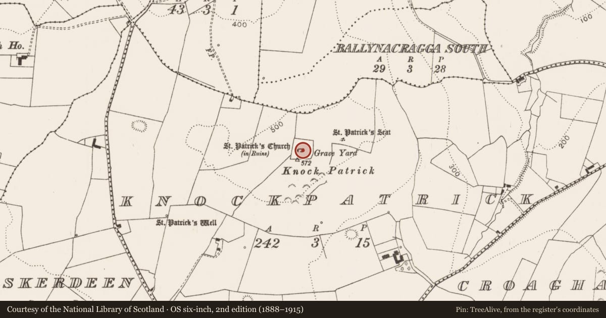Ordnance Survey six-inch map, 2nd edition (1888–1915) covering the location of Graveyard, Knockpatrick, County Limerick, with a pin at the register's coordinates