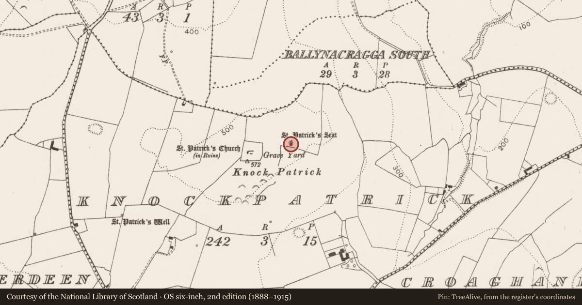 Ordnance Survey six-inch map, 2nd edition (1888–1915) covering the location of Ritual site - holy/saint's stone, Knockpatrick, County Limerick, with a pin at the register's coordinates
