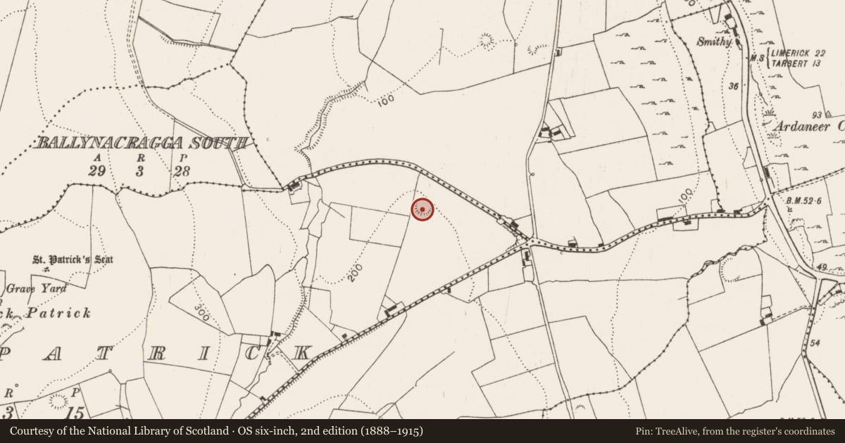 Ordnance Survey six-inch map, 2nd edition (1888–1915) covering the location of Ringfort - rath, Knockpatrick, County Limerick, with a pin at the register's coordinates