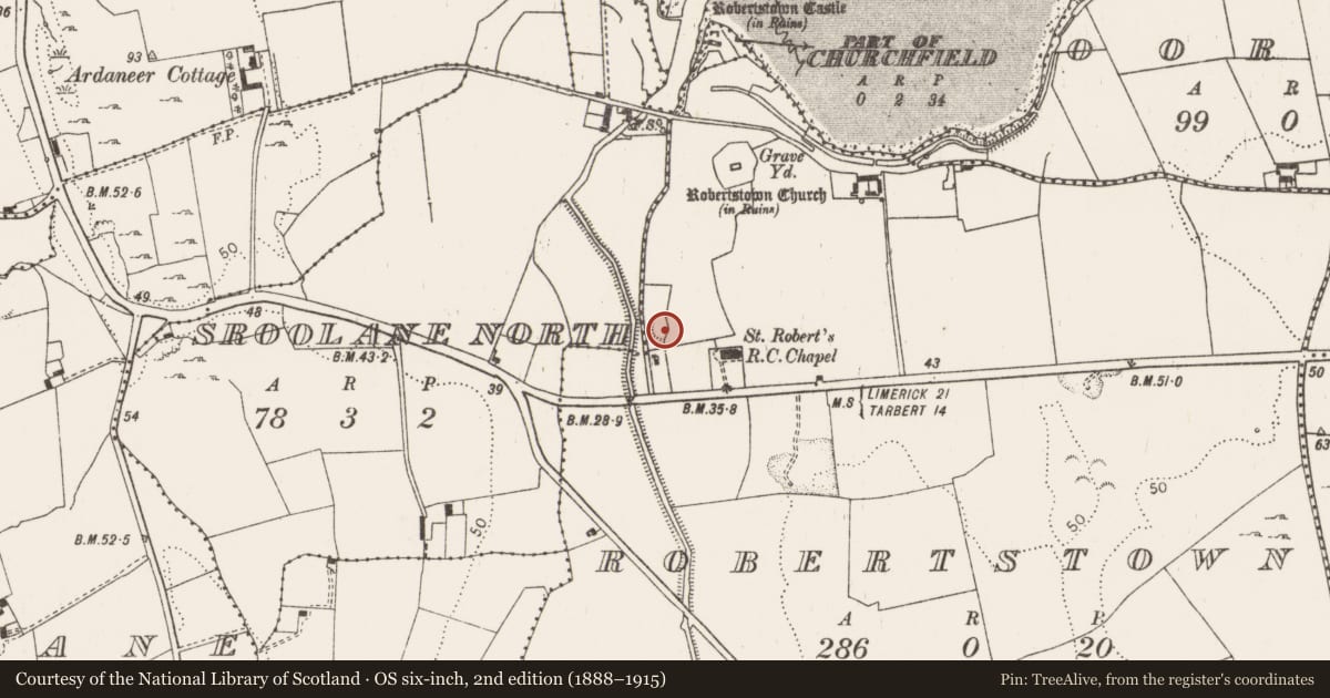 Ordnance Survey six-inch map, 2nd edition (1888–1915) covering the location of Ringfort - rath, Robertstown, County Limerick, with a pin at the register's coordinates
