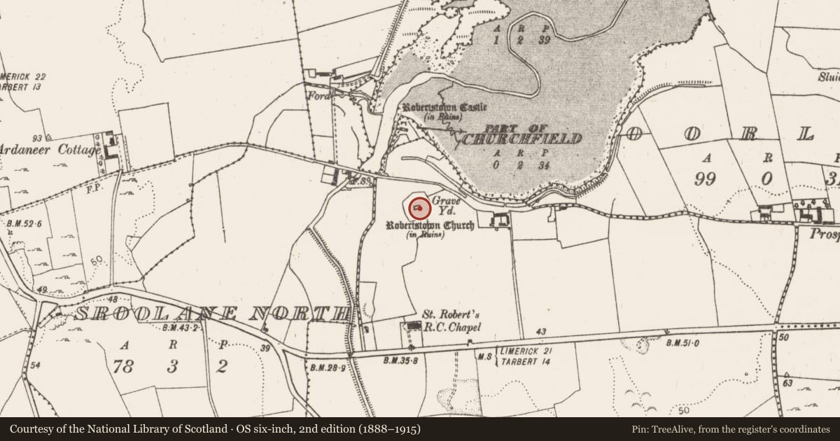 Ordnance Survey six-inch map, 2nd edition (1888–1915) covering the location of Church, Robertstown, County Limerick, with a pin at the register's coordinates