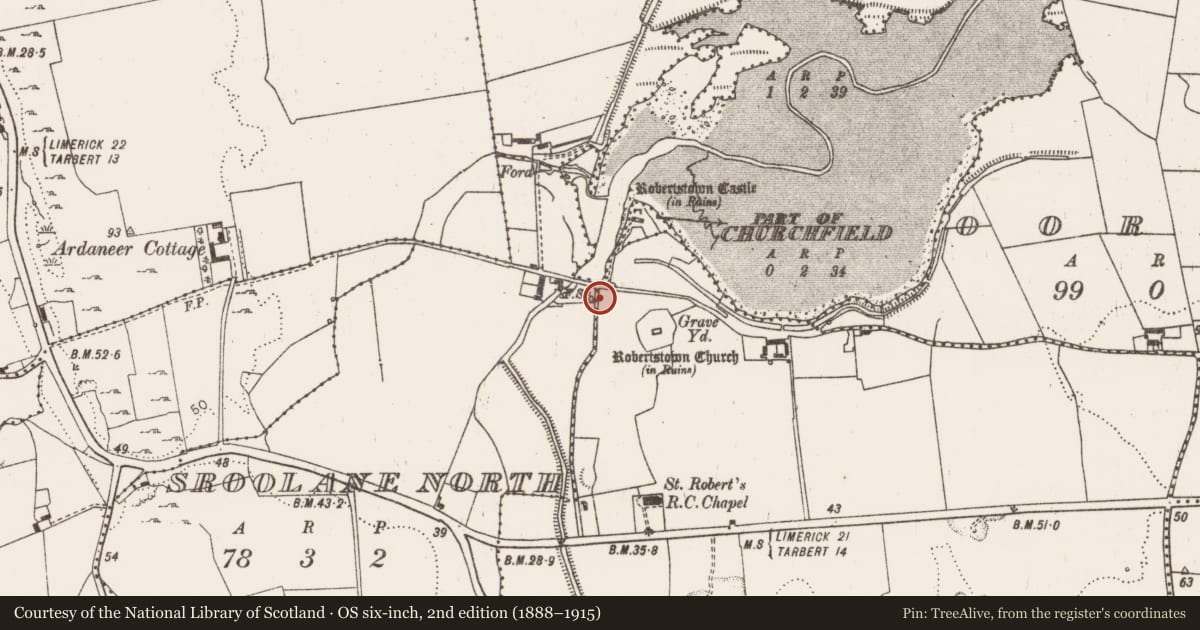 Ordnance Survey six-inch map, 2nd edition (1888–1915) covering the location of Water mill - unclassified, Sroolane North, County Limerick, with a pin at the register's coordinates