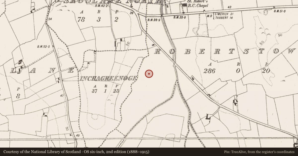 Ordnance Survey six-inch map, 2nd edition (1888–1915) covering the location of Burnt mound, Robertstown, County Limerick, with a pin at the register's coordinates