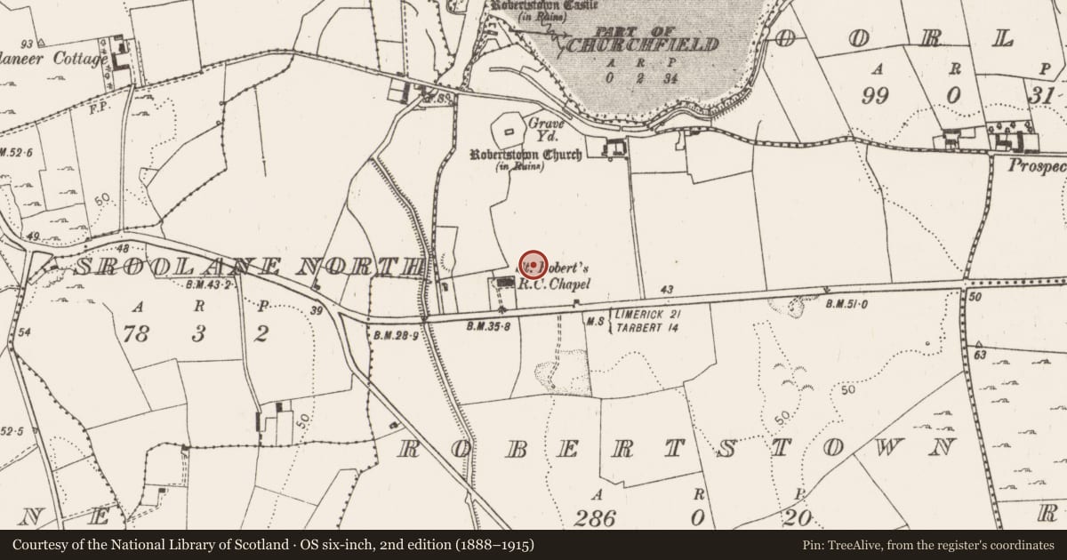 Ordnance Survey six-inch map, 2nd edition (1888–1915) covering the location of Enclosure, Robertstown, County Limerick, with a pin at the register's coordinates