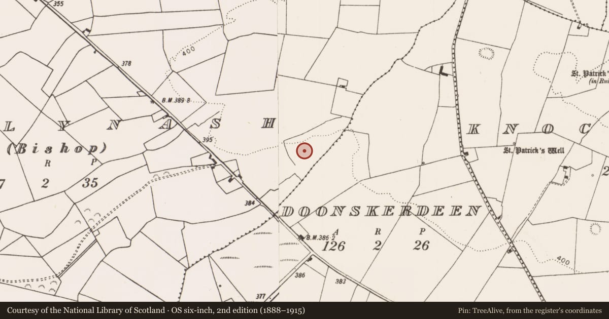 Ordnance Survey six-inch map, 2nd edition (1888–1915) covering the location of Burnt mound, Ballynash, County Limerick, with a pin at the register's coordinates