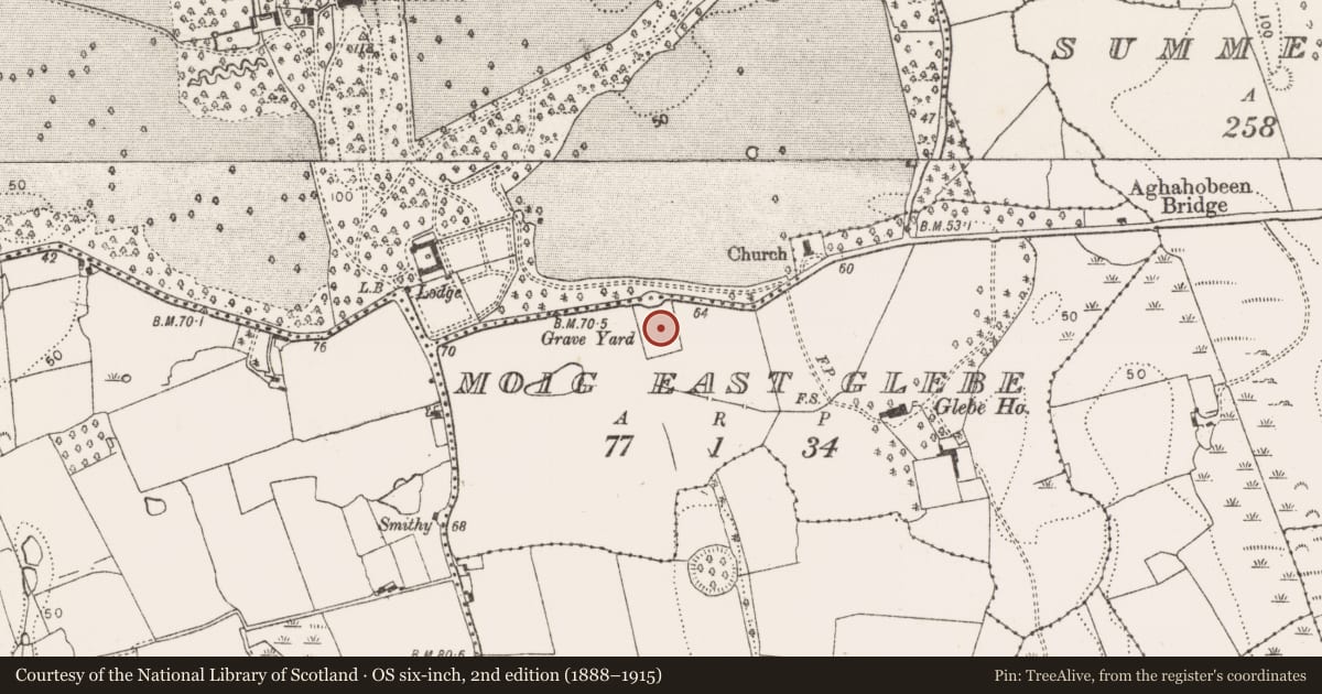 Ordnance Survey six-inch map, 2nd edition (1888–1915) covering the location of Graveyard, Moig East Glebe, County Limerick, with a pin at the register's coordinates