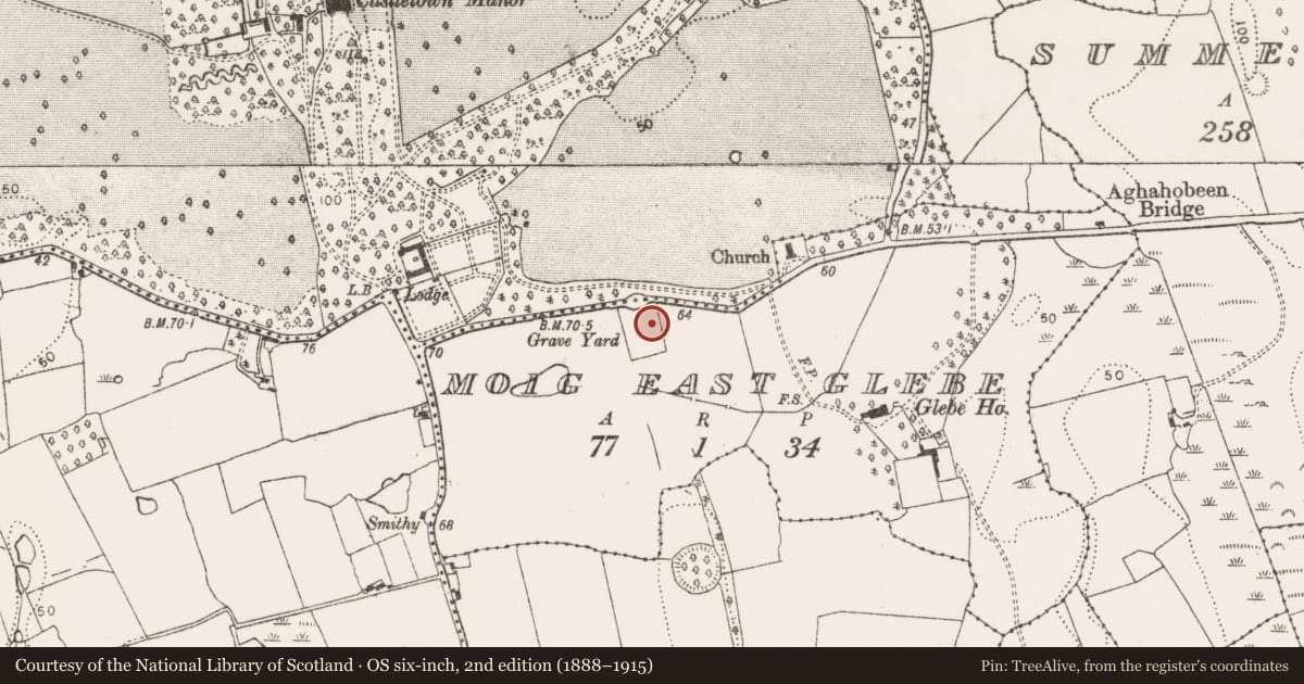Ordnance Survey six-inch map, 2nd edition (1888–1915) covering the location of Church, Moig East Glebe, County Limerick, with a pin at the register's coordinates