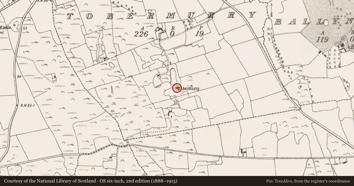 Ordnance Survey six-inch map, 2nd edition (1888–1915) covering the location of Ritual site - holy well, Tobermurry, County Limerick, with a pin at the register's coordinates