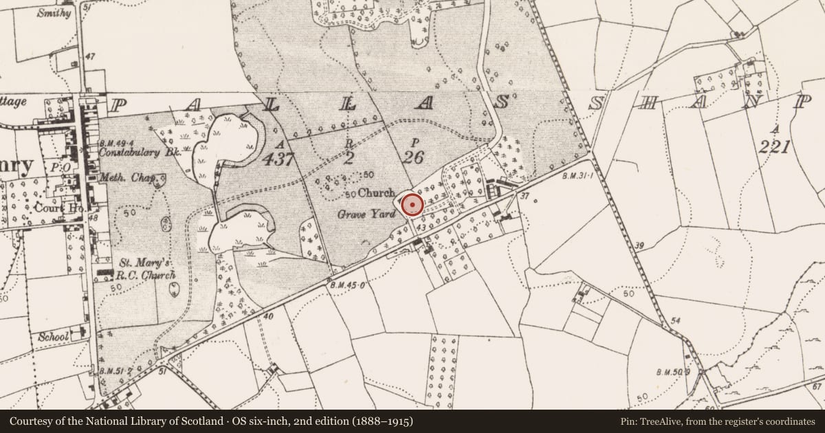 Ordnance Survey six-inch map, 2nd edition (1888–1915) covering the location of Graveyard, Pallas, County Limerick, with a pin at the register's coordinates