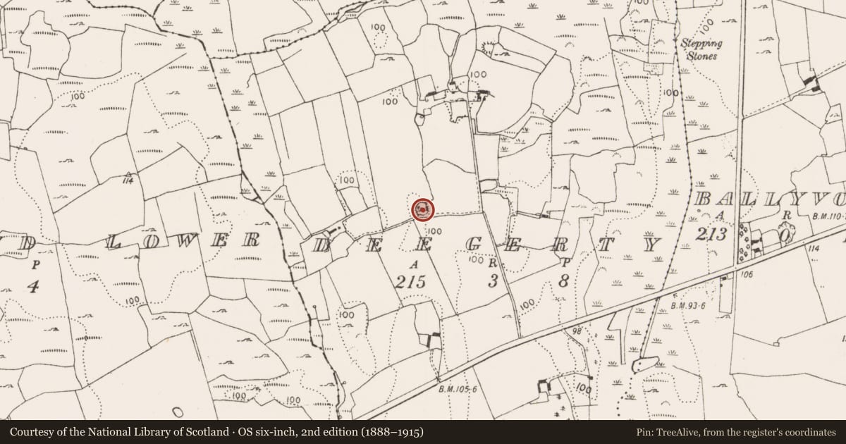 Ordnance Survey six-inch map, 2nd edition (1888–1915) covering the location of Ringfort - rath, Deegerty, County Limerick, with a pin at the register's coordinates