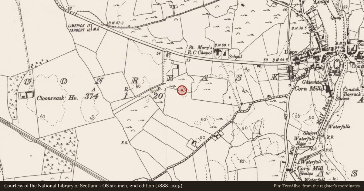 Ordnance Survey six-inch map, 2nd edition (1888–1915) covering the location of Ringfort - rath, Cloonreask, County Limerick, with a pin at the register's coordinates