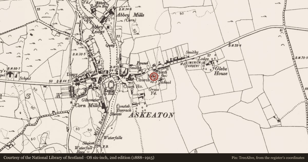 Ordnance Survey six-inch map, 2nd edition (1888–1915) covering the location of Church, Askeaton, County Limerick, with a pin at the register's coordinates