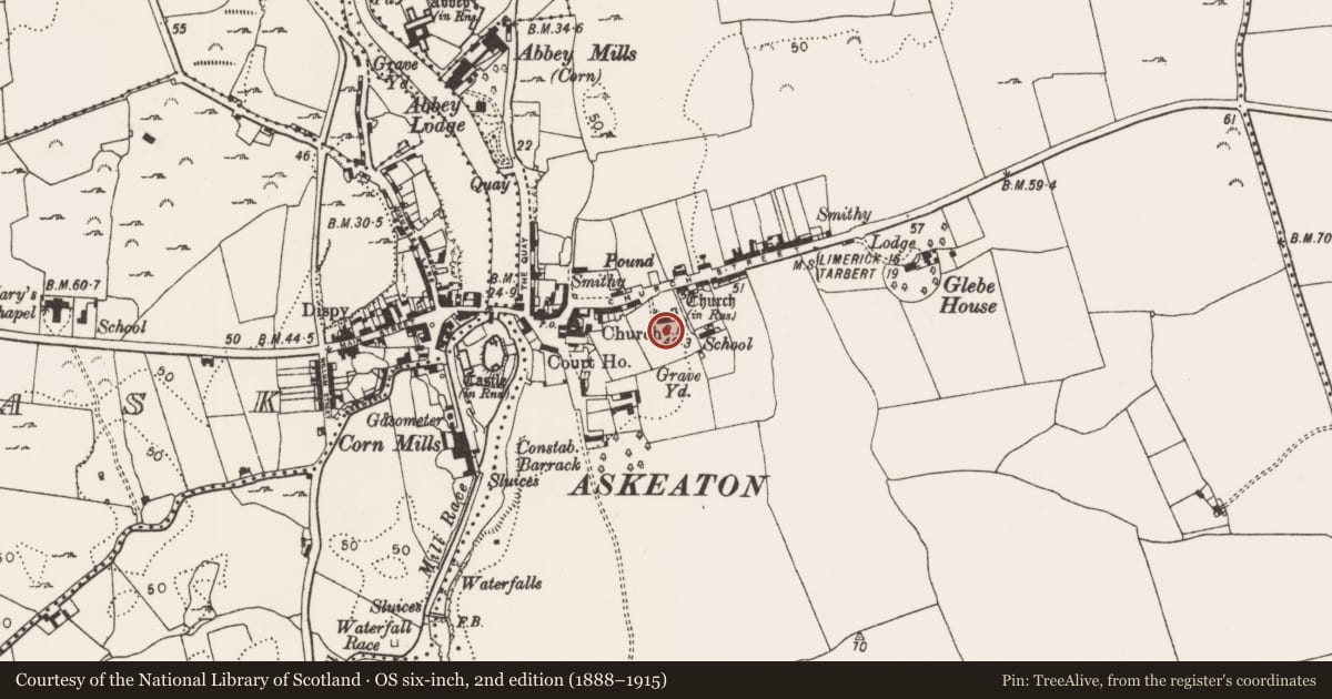 Ordnance Survey six-inch map, 2nd edition (1888–1915) covering the location of Graveyard, Askeaton, County Limerick, with a pin at the register's coordinates
