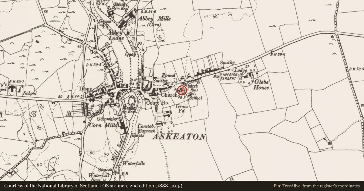 Ordnance Survey six-inch map, 2nd edition (1888–1915) covering the location of Building, Askeaton, County Limerick, with a pin at the register's coordinates