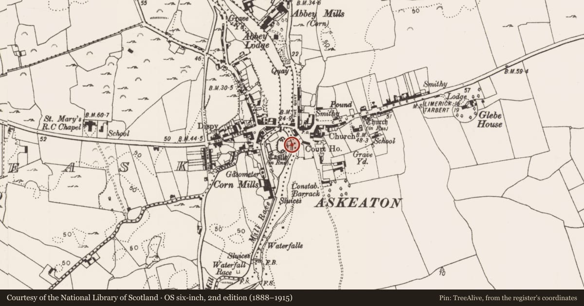 Ordnance Survey six-inch map, 2nd edition (1888–1915) covering the location of Building, Aghalacka, County Limerick, with a pin at the register's coordinates