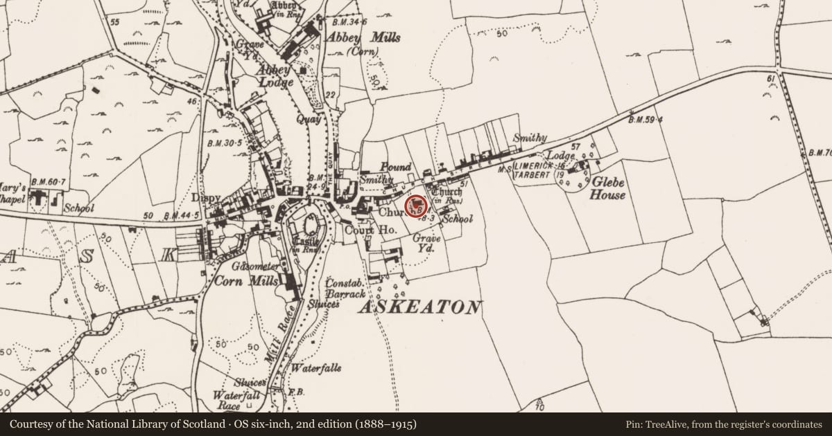 Ordnance Survey six-inch map, 2nd edition (1888–1915) covering the location of Font (present location), Askeaton, County Limerick, with a pin at the register's coordinates