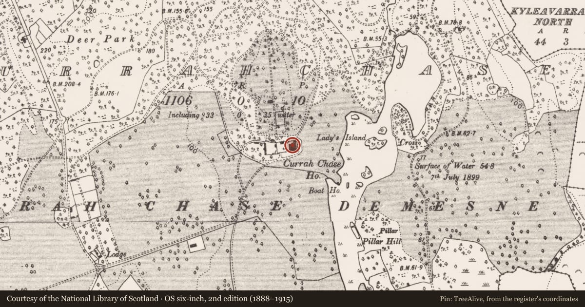 Ordnance Survey six-inch map, 2nd edition (1888–1915) covering the location of Castle - unclassified, Currahchase, County Limerick, with a pin at the register's coordinates