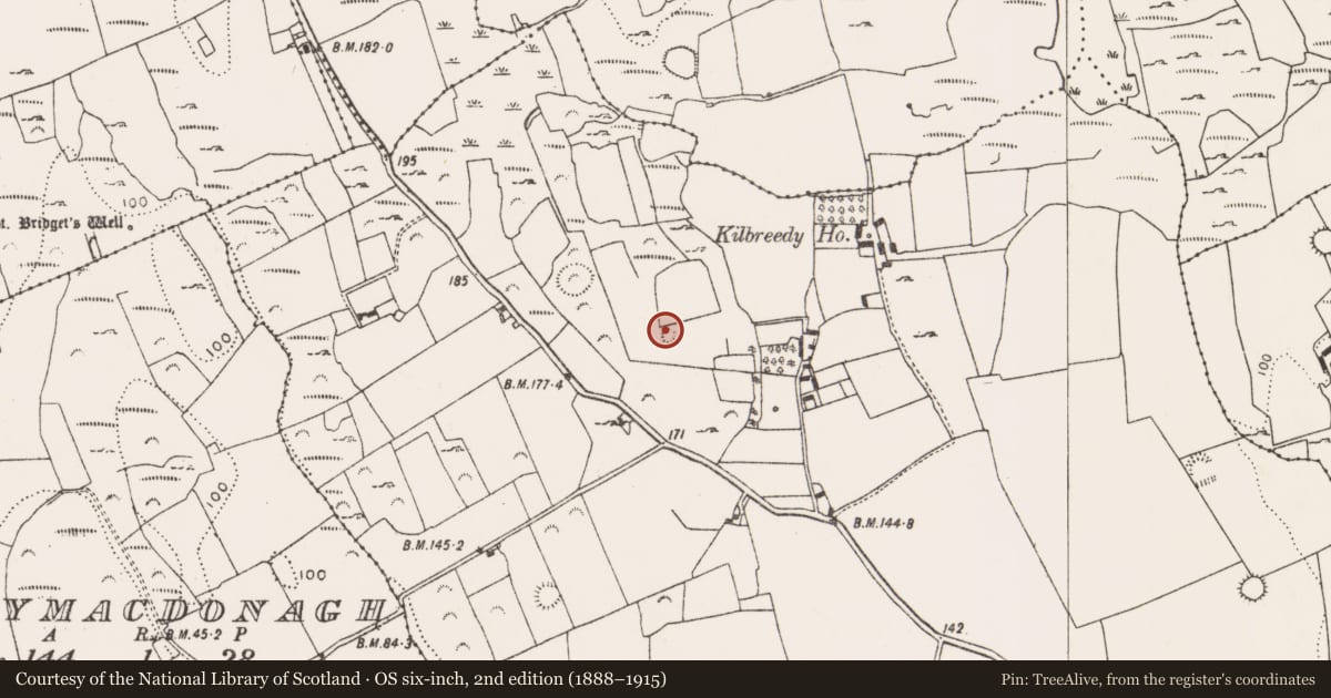Ordnance Survey six-inch map, 2nd edition (1888–1915) covering the location of Barrow - ring-barrow, Kilbreedy, County Limerick, with a pin at the register's coordinates