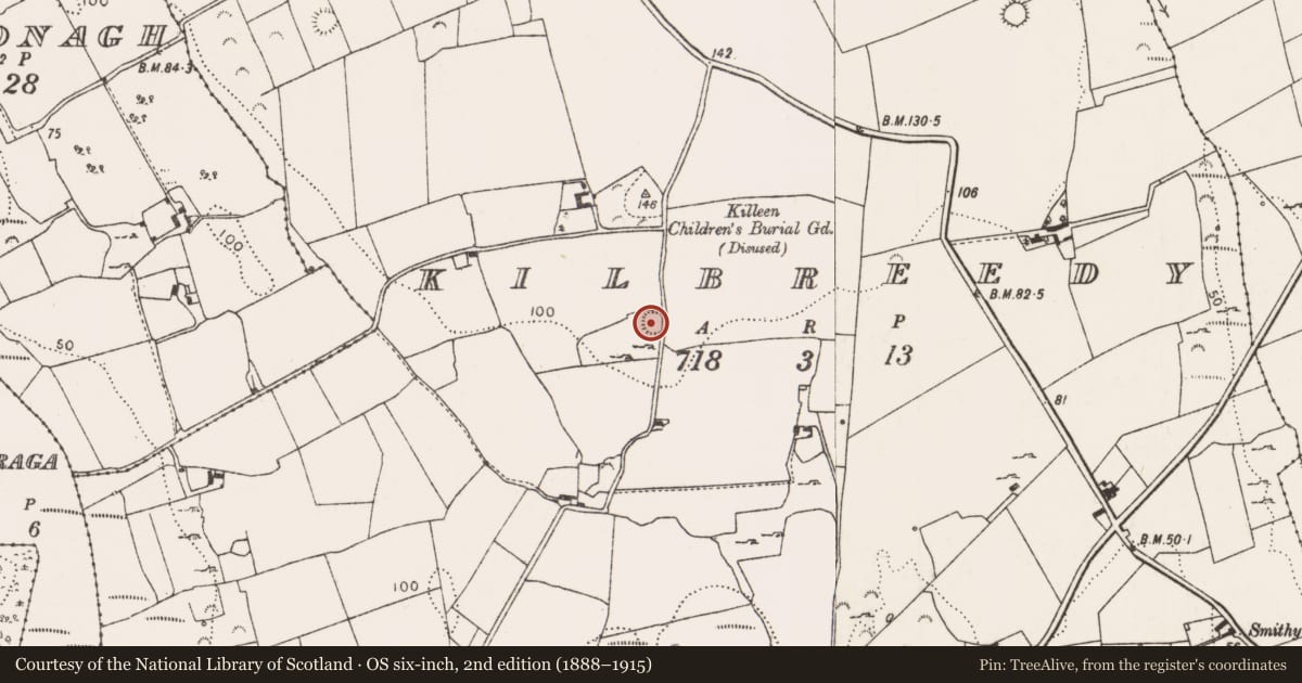 Ordnance Survey six-inch map, 2nd edition (1888–1915) covering the location of Ringfort - rath, Kilbreedy, County Limerick, with a pin at the register's coordinates