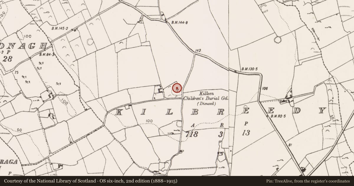 Ordnance Survey six-inch map, 2nd edition (1888–1915) covering the location of Children's burial ground, Kilbreedy, County Limerick, with a pin at the register's coordinates