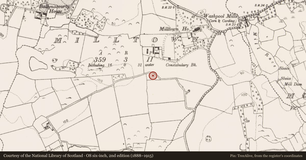 Ordnance Survey six-inch map, 2nd edition (1888–1915) covering the location of Burial ground, Milltown, County Limerick, with a pin at the register's coordinates
