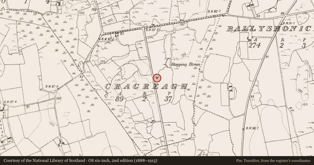 Ordnance Survey six-inch map, 2nd edition (1888–1915) covering the location of Ringfort - rath, Cragreagh, County Limerick, with a pin at the register's coordinates