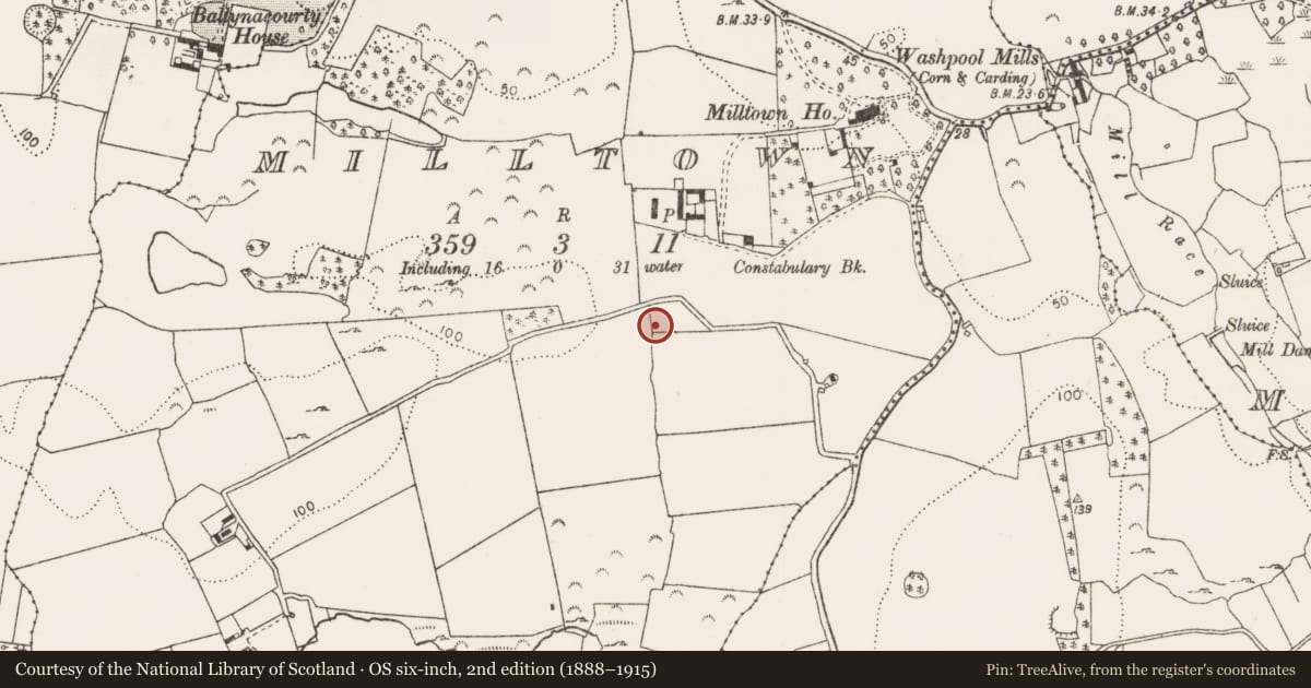 Ordnance Survey six-inch map, 2nd edition (1888–1915) covering the location of Ringfort - rath, Milltown, County Limerick, with a pin at the register's coordinates