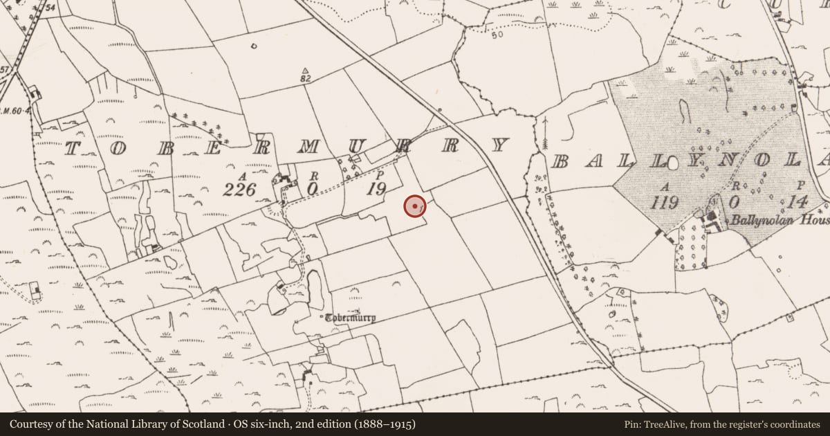 Ordnance Survey six-inch map, 2nd edition (1888–1915) covering the location of Fulacht fia, Tobermurry, County Limerick, with a pin at the register's coordinates
