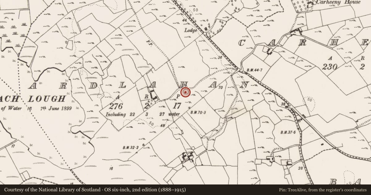 Ordnance Survey six-inch map, 2nd edition (1888–1915) covering the location of Ringfort - rath, Ardlahan, County Limerick, with a pin at the register's coordinates