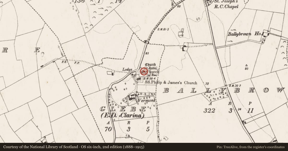 Ordnance Survey six-inch map, 2nd edition (1888–1915) covering the location of Church, Glebe, County Limerick, with a pin at the register's coordinates