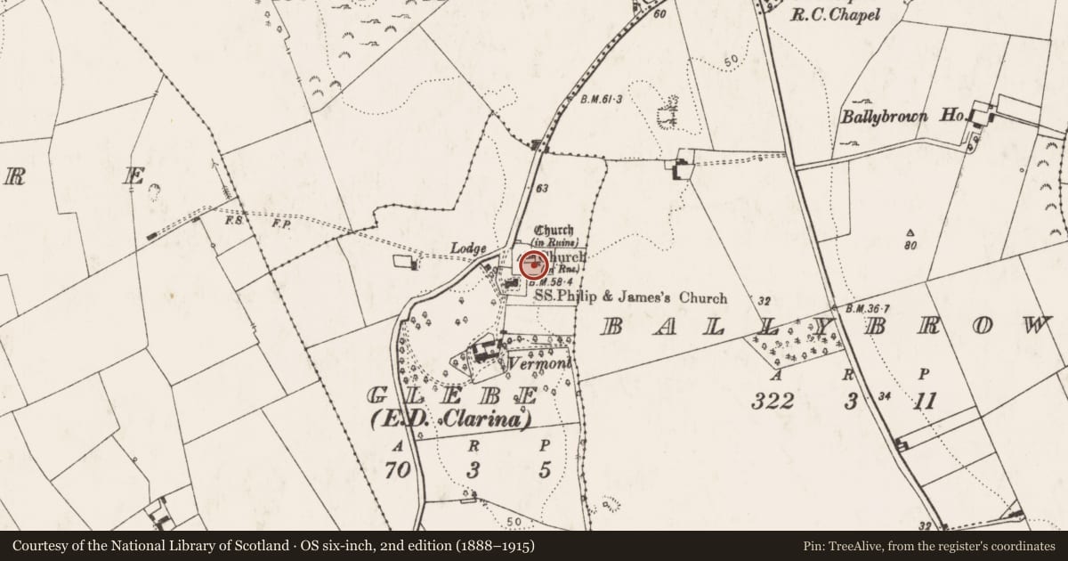 Ordnance Survey six-inch map, 2nd edition (1888–1915) covering the location of Graveyard, Glebe, County Limerick, with a pin at the register's coordinates