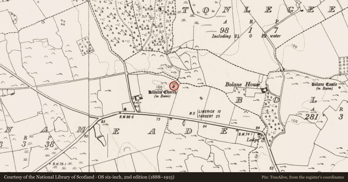 Ordnance Survey six-inch map, 2nd edition (1888–1915) covering the location of Church, Glennameade, County Limerick, with a pin at the register's coordinates
