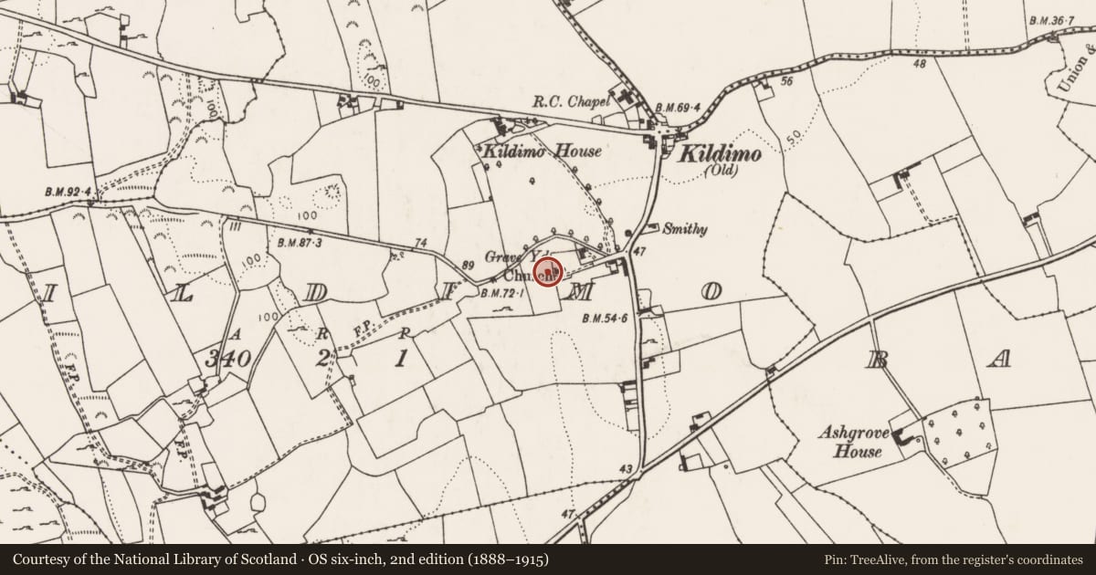 Ordnance Survey six-inch map, 2nd edition (1888–1915) covering the location of Church, Kildimo, County Limerick, with a pin at the register's coordinates