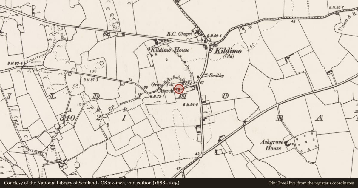 Ordnance Survey six-inch map, 2nd edition (1888–1915) covering the location of Graveyard, Kildimo, County Limerick, with a pin at the register's coordinates